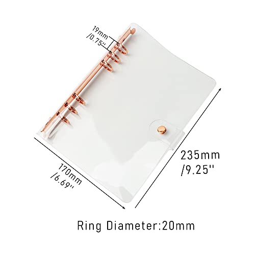 Personal A5 Transparent PVC Binder Cover Clear Soft PVC Notebook Shell Rose Gold 6 Rings Protector with Snap Button Closure Loose Leaf Folders (Personal A5, Clear Cover + Rose Gold Binder) - color: Clear Cover + Rose Gold Binder, size: Personal A5