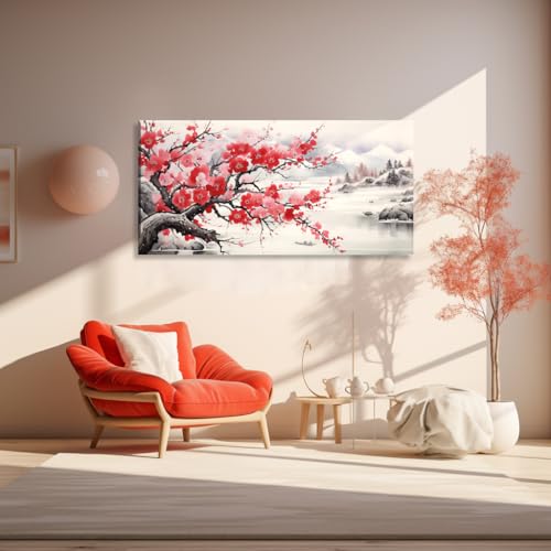 NAN Wind Asian Wall Art Traditional Chinese Painting Oriental Red Plum Blossom Canvas Pictures for Wall Decor Home decor for Living Room Cherry Blossom Decor Landscape Artwork Framed Ready to Hang - color: Red-One Piece, size: 24"L x 12"W