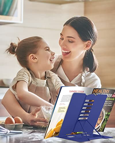 MSDADA Desk Book Stand Metal Reading Rest Book Holder Adjustable Cookbook Documents Holder Portable Sturdy Bookstands for Recipes Textbooks Tablet Music Books with Page Clips(Sapphire Blue) - color: Sapphire Blue