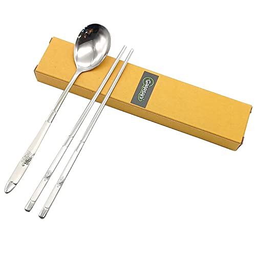 GARASANI Korean Traditional Cutlery Stainless Steel Spoons and Chopsticks Set (Silver Turtle) - color: Silver Turtle