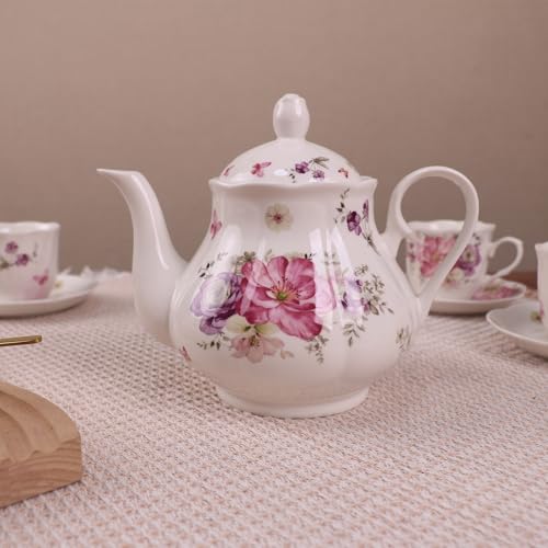Guangyang 15pcs Porcelain Tea Sets 7 OZ Cups& Saucer Service for 6, with Teapot Sugar Bowl Cream Pitcher for Tea/Coffee