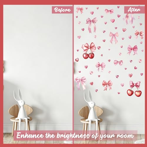Cherry and Bow Wall Decals - 5 Sheets 68 Pcs Pink Bow Wall Stickers Coquette Bowknot Cherry Peel and Stick Wall Decals Sticker for Coquette Girls Bedroom Home Décor - color: Cherry Bow