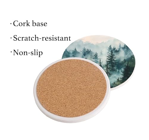 Nikyi 6 Pcs Green Forest Ceramic Absorbent Coasters, Round Drink Coaster with Metal Holder & Cork Base, Watercolor Misty Forest Coasters for Coffee Table Kitchen Bedroom Living Office Home Decor Gifts - color: Green Forest