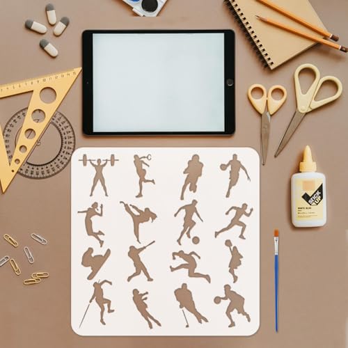 FINGERINSPIRE Athletes Silhouette Stencil for Painting with Brush 11.8x11.8inch Reusable Cheering Squad Template Hollowed Football Basketball Stencil Plastic PET Sports Theme Template for DIY Crafts - style: Athletes Silhouette