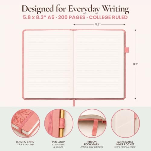 Lined Journal Notebook Hardcover Leather Bound 200 Pages A5 Pink Cute Diary - color: Pink, size: A5 200 Pages