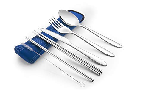 Reusable Travel Utensils with Case | Fork and Spoon Set with Knife, Chopsticks and Optional Reusable Straw– Office, Travel, or Camping Accessories| Lightweight Sturdy Reusable Utensils - color: 6pc Set - Blue