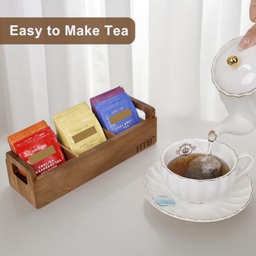 HTB Acacia Wood Small Tea Bag Box with 3 Compartments for Counter Drawer - color: Acaica Wood 1PCS