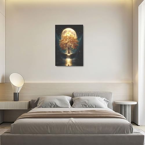 Golden Tree Wall Art Fantasy Tree with Moon and Waterfall Canvas Wall Decor Pictures Paintings Prints Mystical Nature Artwork Framed De corations For Meditation Space Bathroom Bedroom Living Room Office Gifts 16" x 24" - color: Golden Tree, size: 24"L x 1