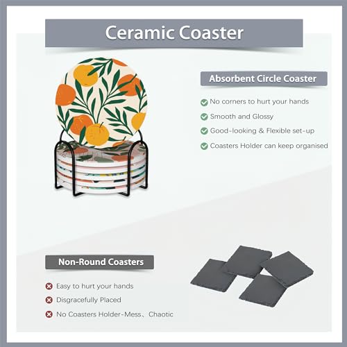Drink Coasters Set of 6 with Holder,Tropical Palm Leaves Orange Floral Absorbent Ceramic Coasters with Cork Base,Fit All Cups,Tabletop Protection Mat for Mugs and Cups,Office,Kitchen - color: Tropical Palm Leaves Orange Floral