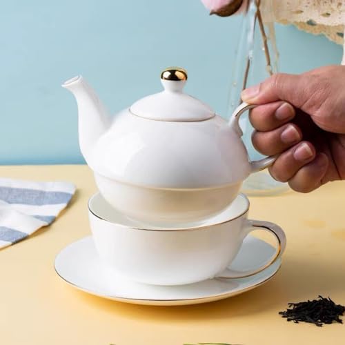 Ceramic Tea for One Set, 12oz Teapot& 8.2oz Cup (White) - color: White