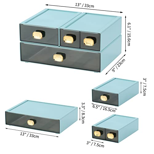 Desktop Storage Drawers, Stackable Countertop Organizer with Drawers - color: 4 Mixed Drawers, Cyan