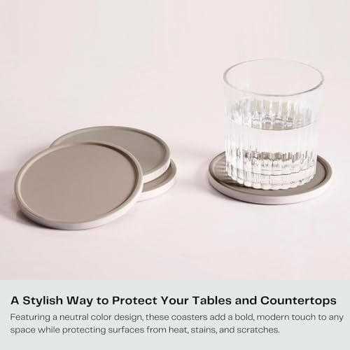 Set of 6 Taupe Coasters with Holder, Absorbent Ceramic Drink Coasters with Cork Backing for Table Protection, Table Decor, Housewarming Gifts - color: Taupe