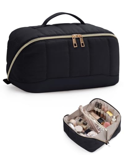 Makeup Bag for Women, Open Flat Puffy Organizer with Wipe-Clean PVC Lining - color: Black
