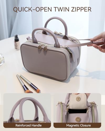 Prite Large Makeup Bag, Waterproof Travel Cosmetic Case with Brush Holder - color: Purple, size: Medium