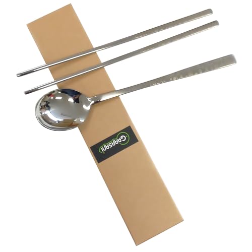 GARASANI Korean Traditional Cutlery Stainless Steel Spoons and Chopsticks Set (Silver Hunminjeongeum) - color: Silver Hunminjeongeum