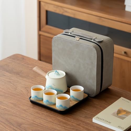 Portable Chinese Tea Set with Carry Bag - White Complete Gongfu Teapot Set Includes Side Handle, 4 White Cups,Tea Tray & Strainer, Artistic Travel Teapot Kit for Camping, Office, Home & Gifts - color: White Side-Handle Teapot Set