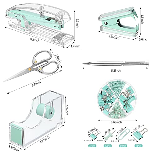 Office Supplies Set Desk Accessory Kit, Acrylic Stapler Set Staple Remover, Tape Dispenser, Binder Clips, Paper Clips, Ballpoint Pen and Scissor with 1000 Pieces 26/6 Staples (Green) - color: Green