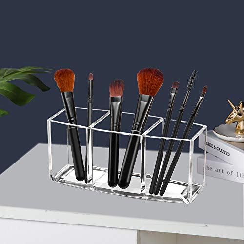 Acrylic Makeup Brush Organizer Holder Clear Cosmetic Brushes Storage with 3 Slots