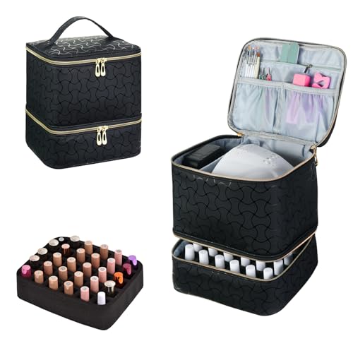 Upgraded Nail Polish Organizer Case - Holds 30 Bottles and 1 Nail Light, Double-layer Nail Bag Organzier Case Nail Polish Storage Bag with Handles (Black-HX) - color: Black-HX