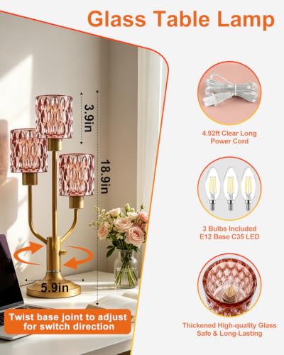 Lightdot Mid Century Modern Red Glass Table Lamp 3 Bulbs Included Dimmable - color: 20-Gold-Pink-Cylinder