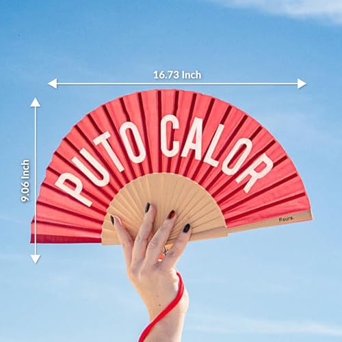 Fisura – Original folding fan with message “P*to calor”. Red handheld folfing fan for women. Rave wood folding hand fan. Fans for wedding, party, birthday, gift, decorations. - color: P*to Calor, Red