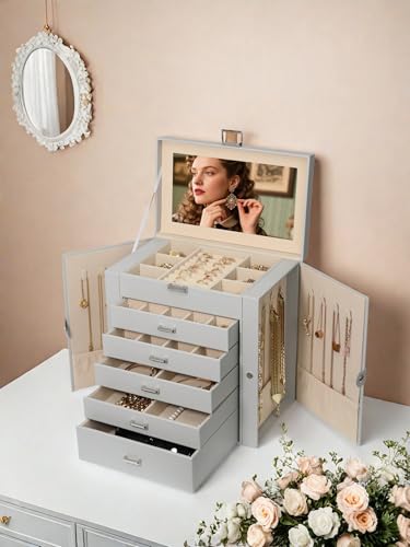 BOOVO Large Jewelry Box for Women 6 Layer - color: Silver and Grey, size: 6 Layer