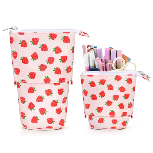 Cute Standing Pencil Case Pen Holder for Kids, Pop Up Stand UP Bubble Tea Pen Organizer Kawaii Stationary for Christmas Holiday New Year Office (Strawberry) - color: Strawberry