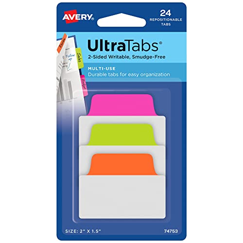 Avery Ultra Tabs, 2" x 1.5" Repositionable, Neon, 24 Tabs - color: Assorted Neon, size: 24 tabs, style: 24 tabs