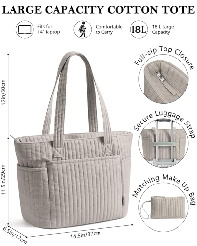 Bagstellar Quilted Tote Bag for Women Teacher Nurse Cotton Laptop Work Tote - color: Oatmeal