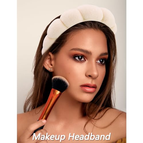 VELSCRUN Spa Headbands for Wash Face, Makeup Headband, Facial Skincare Headbands, 5 Pcs Khaki Puffy Sponge Spa Headband Bow Tie Hair Band Hair Clips Wristband Set Women Girls Accessories - color: Khaki