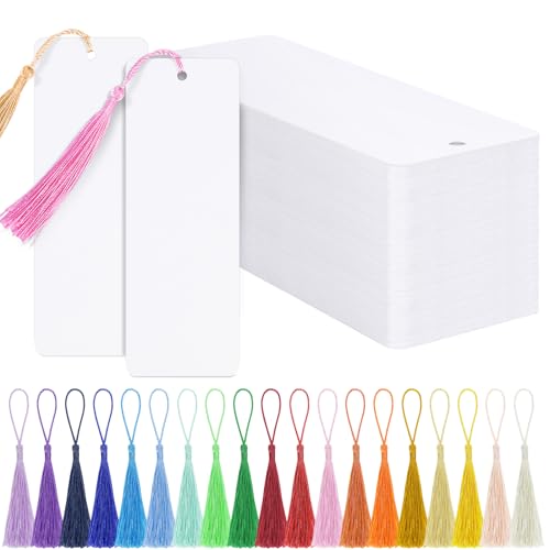 120 Pcs Blank Bookmarks to Decorate with 100 Colorful Tassels, Thick 350GSM Cardstock Bookmarks for DIY Crafts, Holiday Reading, Classroom Projects and Gift Tags, 5.5x2 Inch Bulk Set