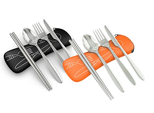 Reusable Travel Utensils with Case | Fork and Spoon Set with Knife, Chopsticks and Optional Reusable Straw– Office, Travel, or Camping Accessories| Lightweight Sturdy Reusable Utensils - color: 4pc 2pack - Black & Orange