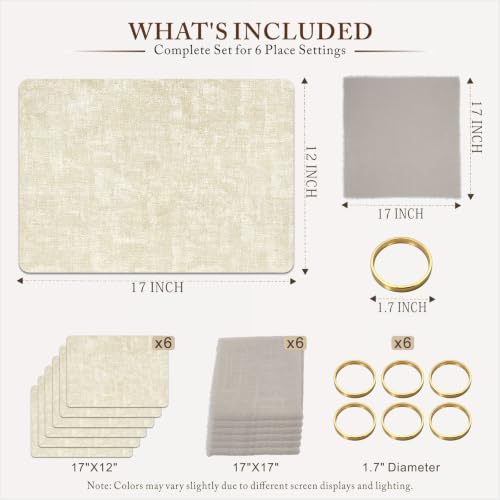 Placemats Set of 6 with Napkins and Rings - Washable Faux Leather Table Mat - color: Beige, size: Placemats Set of 6