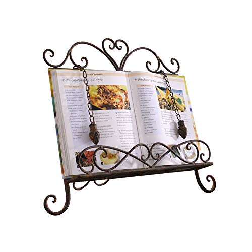 Antique Metal Kitchen Cookbook Display Stand, Recipe Book and iPad Holder, Cookery Book Easel with Weighted Chains for Gift, Rustic Dark Brown