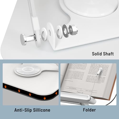 Acrylic Book Stand for Reading Hands Free - Adjustable 360° Rotating Cookbook Holder with Elastic Page Clips & Foldable Base, Multi-Angle Desktop Display Stand for Recipes, Textbooks, Tablets, Bibles - color: White