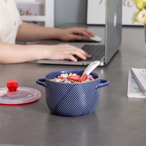 Ceramic Soup Bowl with Lid & Handle, Microwave Safe 32 oz, Navy - color: Navy, size: 1 pcs
