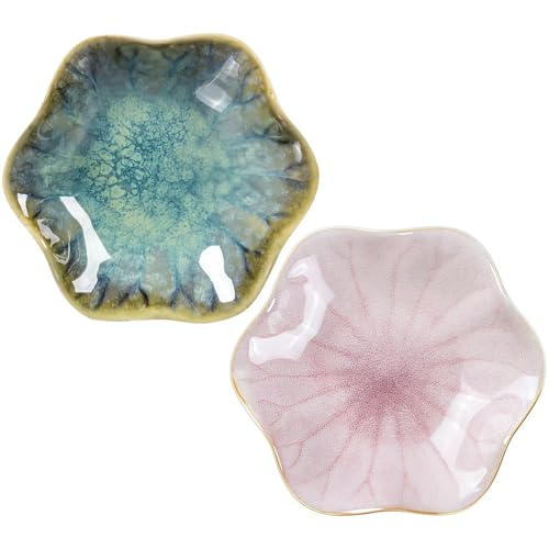 2Pcs Ceramic Jewelry Dish - Lotus Leaf Shape, for Ring Holder Necklace Small Key, Suitable for Mother Friend Sister, Gifts for Women, Cute Plate Trinket Tray, Home Decor (Crystal Green & Pink) - color: Crystal Green & Pink