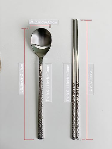Korean Made Silver Glossy Hammered Stainless Steel Korean Spoon & Chopstick SET Gift for Mom Stocking Stuffer(4SET)