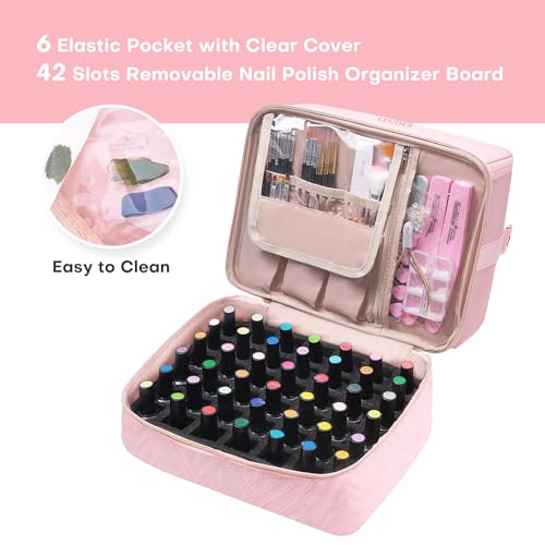 Leudes Nail Bag Polish Organizer Case Holds 42 Bottles & Gel Lamp - color: Pink