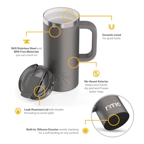 RTIC 16oz Road Trip Travel Mug with Lid and Handle, Ceramic Lined, Graphite - color: Graphite, size: 16 Ounces