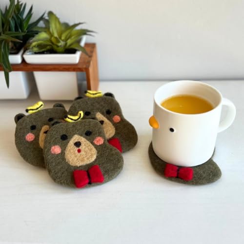 Humble Hilo Handmade Animal Felt Coaster Set of 4, Absorbent Coaster for Animal Lover (Funny Bear) - color: Funny Bear