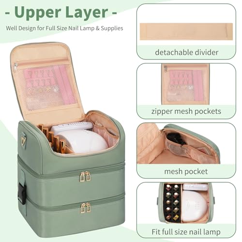 CUBETASTIC Nail Polish Organizer Case, Nail Supplies Storage Box Holds 86 Bottles Nail Polish & Nail Lamp, Travel Nail Tech Carrying Case, Nail Kit Bag For Nail Stuff & Manicure Tools - color: Green, size: 86 Slots