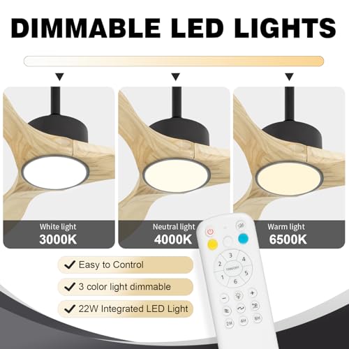 52 inch Natural Wood Ceiling Fans with Lights and Remote - color: Natural wood ceiling fan - pointed