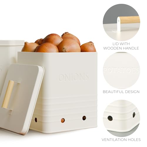 Beautiful Potato and Onion Storage Container Set - Food Safe Metal Bins - color: Cream
