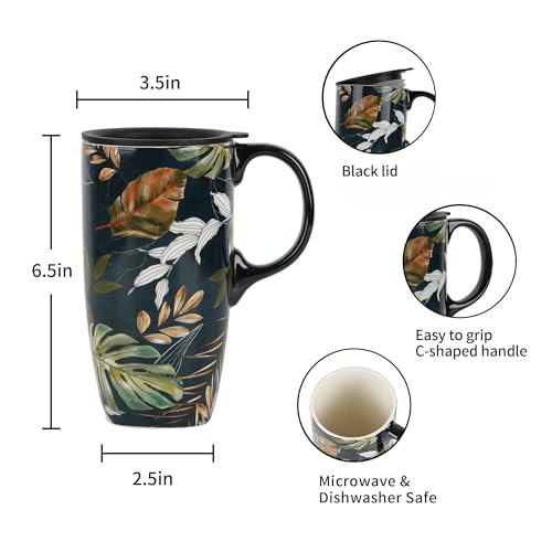 Topadorn 17oz Ceramic Travel Mug with Lid and Handle, Botanical Leaf Coffee Mug, Spill-Resistant, Microwave & Dishwasher Safe, Gift Box Included - color: Leaf