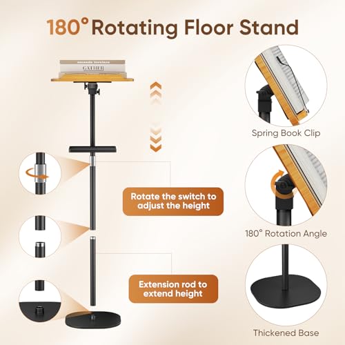 2 in 1 Adjustable Floor Book Stand & Music Stand with Removable Tray, 19.7" to 51.2" Foldable Reading Book Holder with Page Clips for Laptop, Cookbooks, Sheet Music, Wooden Podium Stand for Projector - color: Brown