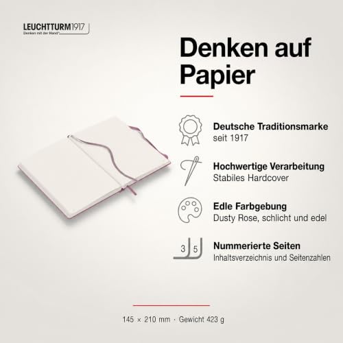 LEUCHTTURM1917 - Notebook Hardcover Medium A5-251 Numbered Pages for Writing and Journaling - Thinking Ahead (Plain Paper, Dusty Rose) - color: Dusty Rose, style: Minimalist