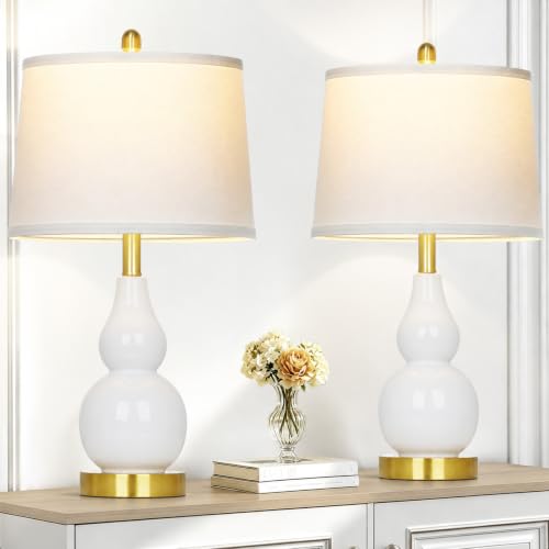 Rinweey 25" White Double Gourd Ceramic Lamps Set of 2, Modern Bedside Lamps - color: White - 25"H