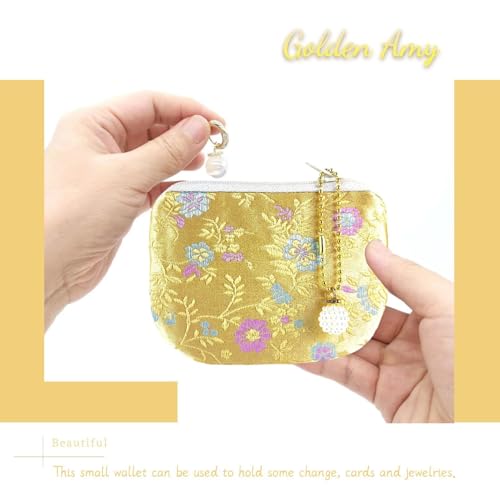 Handmade Women Coin Purse Brocade Zipper Wallet Rosary Pouch Silk Jewelry Bag - Gold - color: Gold