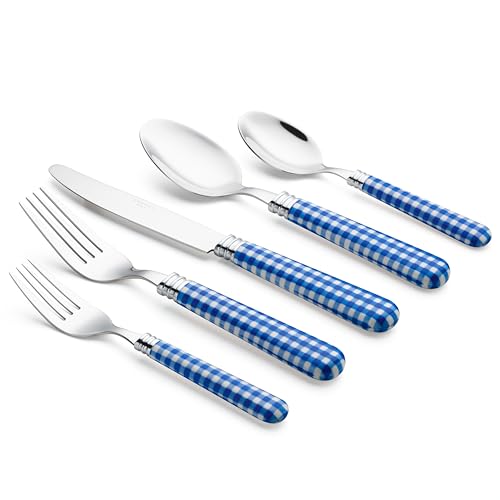 ANNOVA Silverware Set 20 Pieces Cutlery Stainless Steel Colorful Fun Handle Flatware Service for 4 - Dinner Knife, Dinner Fork, Salad fork, Dinner Spoon, Dessert Spoon (Checker Blue, 20 Pieces) - color: Checker Blue
